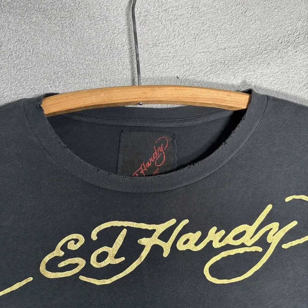 Ed Hardy Love Kills Slowly Long Sleeve Shirt Black Rhinestone Skull XL‎ NWT